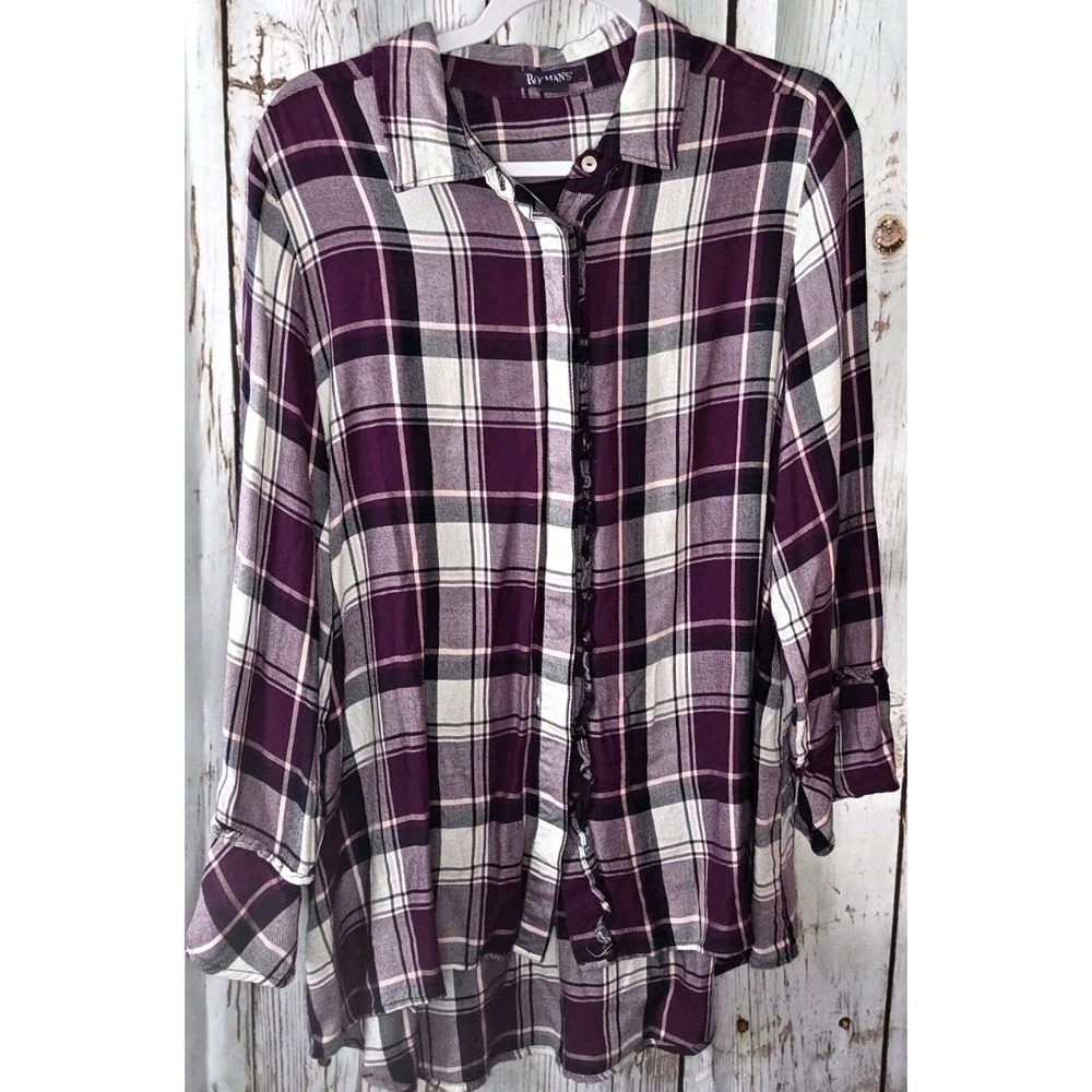 Women's Romans Flannel Button Down, Purple Black White, Plaid Shirt Size 18W EUC